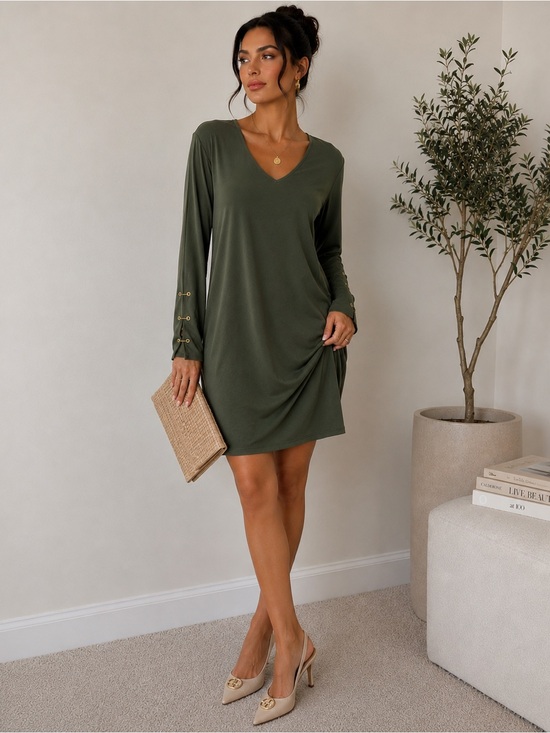 Michael Kors Dresses & Skirts - Michael Kors Olive Green Shift Dress M Gold Chain Sleeve V-Neck Knee Length